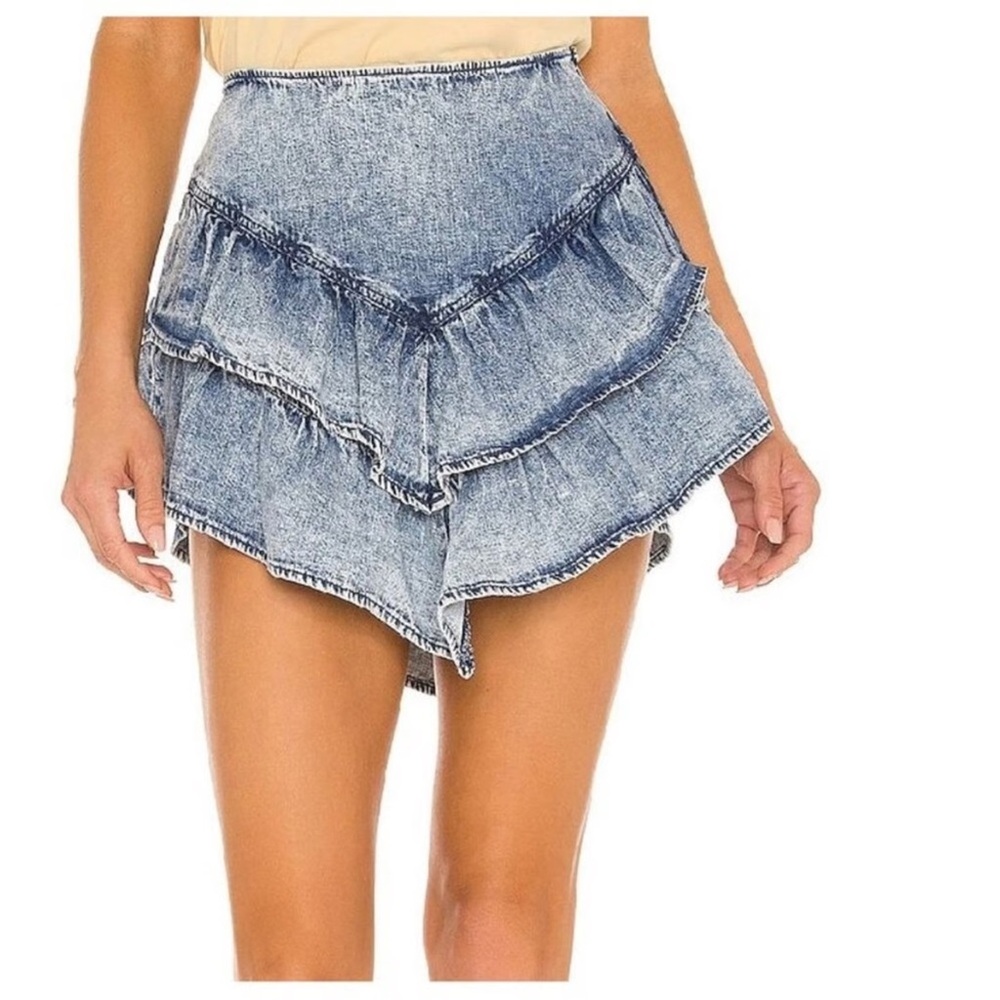 MOTHER Ruffle Mini Skirt Skort Acid Wash Denim‎ 100% Cotton USA Made- 23
